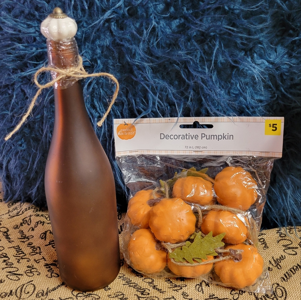 Lot of 2 Fall decorations glass bottle/ pumpkin top, 72 in garland
